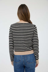 Black Striped Colorblock Trim Button Down Cardigan