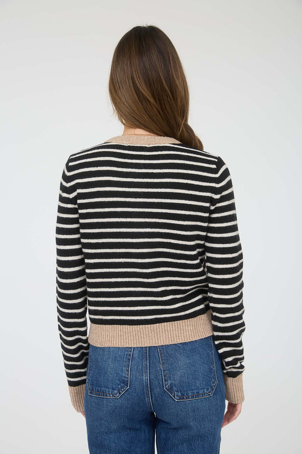 Black Striped Colorblock Trim Button Down Cardigan
