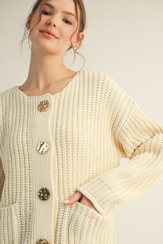 Cream Big Gold Button Cardigan