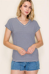 Navy striped V- Neck Top