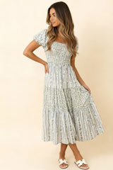 Curvy Ivory Striped Floral Tiered Cap Sleeve Dress