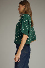 Curvy Polka Dot Round Neck Short Sleeve Sweater