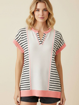 Peach Ribbed Cap Sleeve Contrast Striped Top