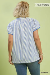 Curvy Blue V-Neck Stripe Top with Lace Trim