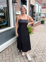 Black Polkadot Satin Cami Midi Dress