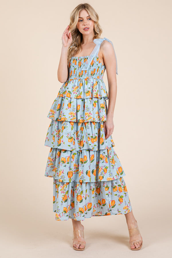 Blue Orange Printed Smocked Tiered Midi Dress