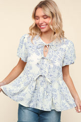 Curvy Ivory & Blue Floral Babydoll Front Ribbon Tie Top