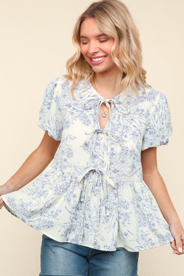 Curvy Ivory & Blue Floral Babydoll Front Ribbon Tie Top