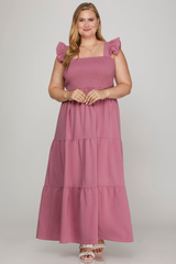 Curvy Square Neck Ruffled Sleeve Tiered Maxi Dress