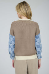 Checkered Denim Sleeve Tan Sweater