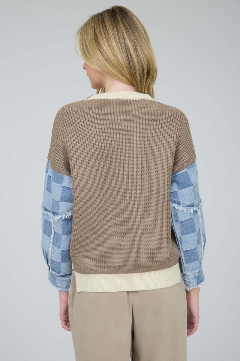 Checkered Denim Sleeve Tan Sweater