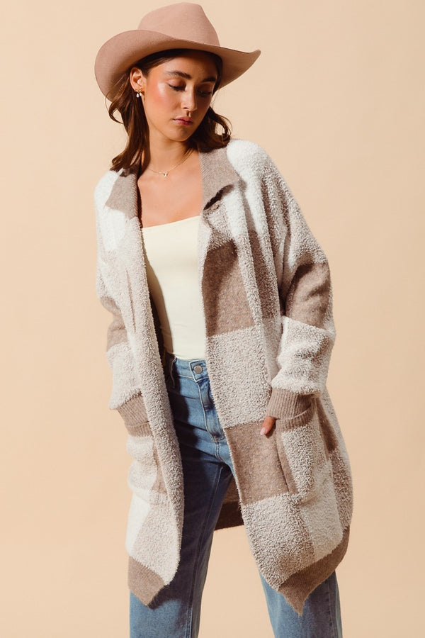 Taupe and Ivory Soft Checkered Cardigan