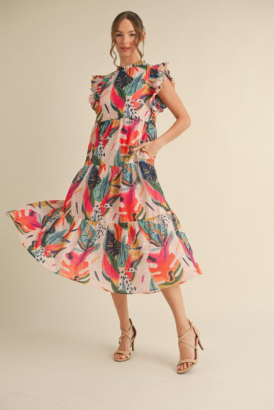 Multi Color Foliage Design Ruffle Sleeve Midi Dress