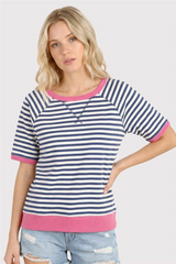 Blue Striped Pink Banded Trim Top