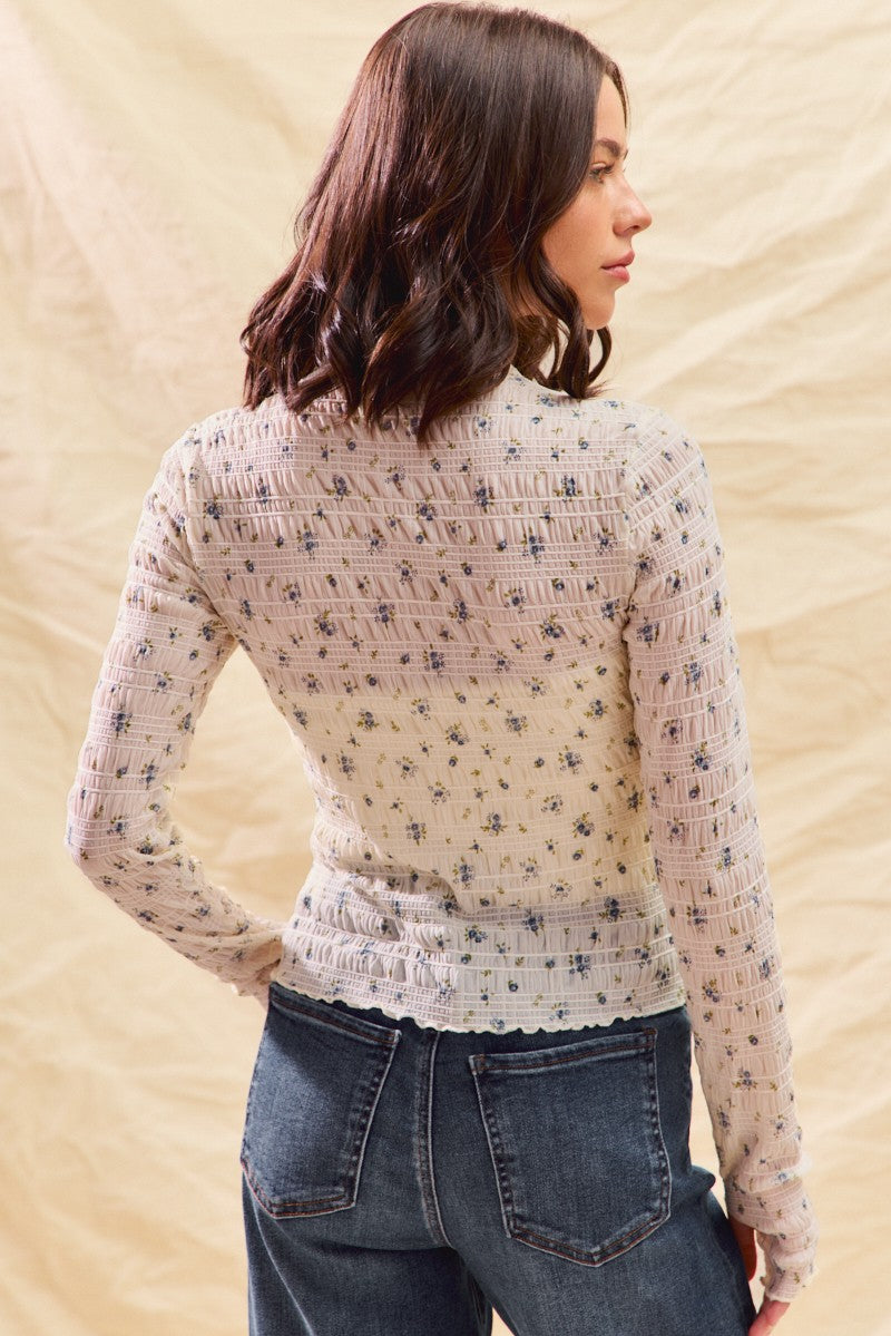 Ivory Floral Textured Long Sleeve Top