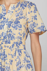 Cream and Blue Floral Printed Maxi Dress with Half Sleeves