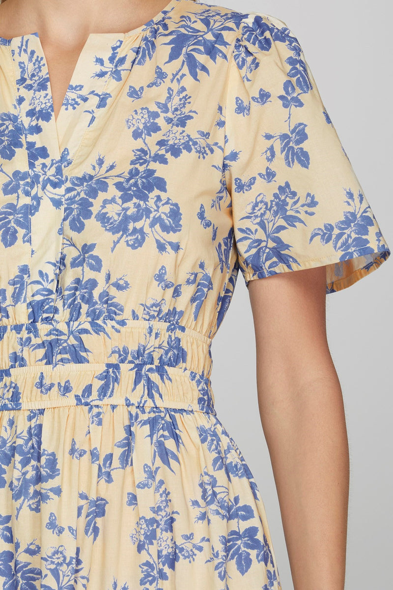 Cream and Blue Floral Printed Maxi Dress with Half Sleeves
