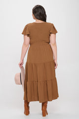 Curvy Tiered V- Neck Cap Sleeve Midi Dress