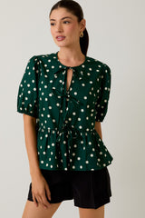 Green Polka Dot Puff Sleeve Top
