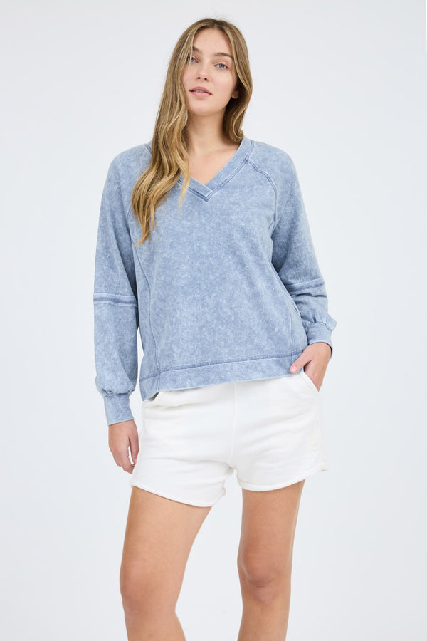 Blue Washed V Neck Raw Seam Long Sleeve Knit