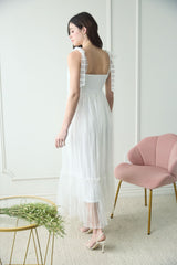 Polka Dot Chiffon Tie Strap Ruched Maxi Dress