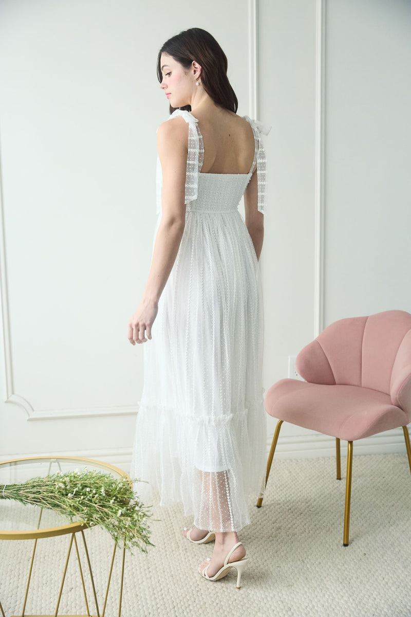 Polka Dot Chiffon Tie Strap Ruched Maxi Dress