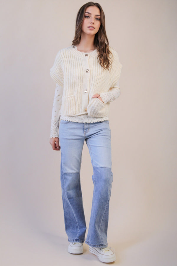Cream Knit Sweater Top With Short Sleeves