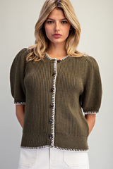 Olive Whipstitch Detail Button Front Short Sleeve Sweater