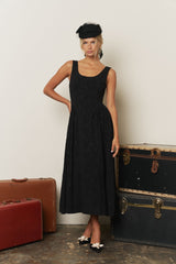 Black Floral Jacquard Textured A-Line Midi Dress