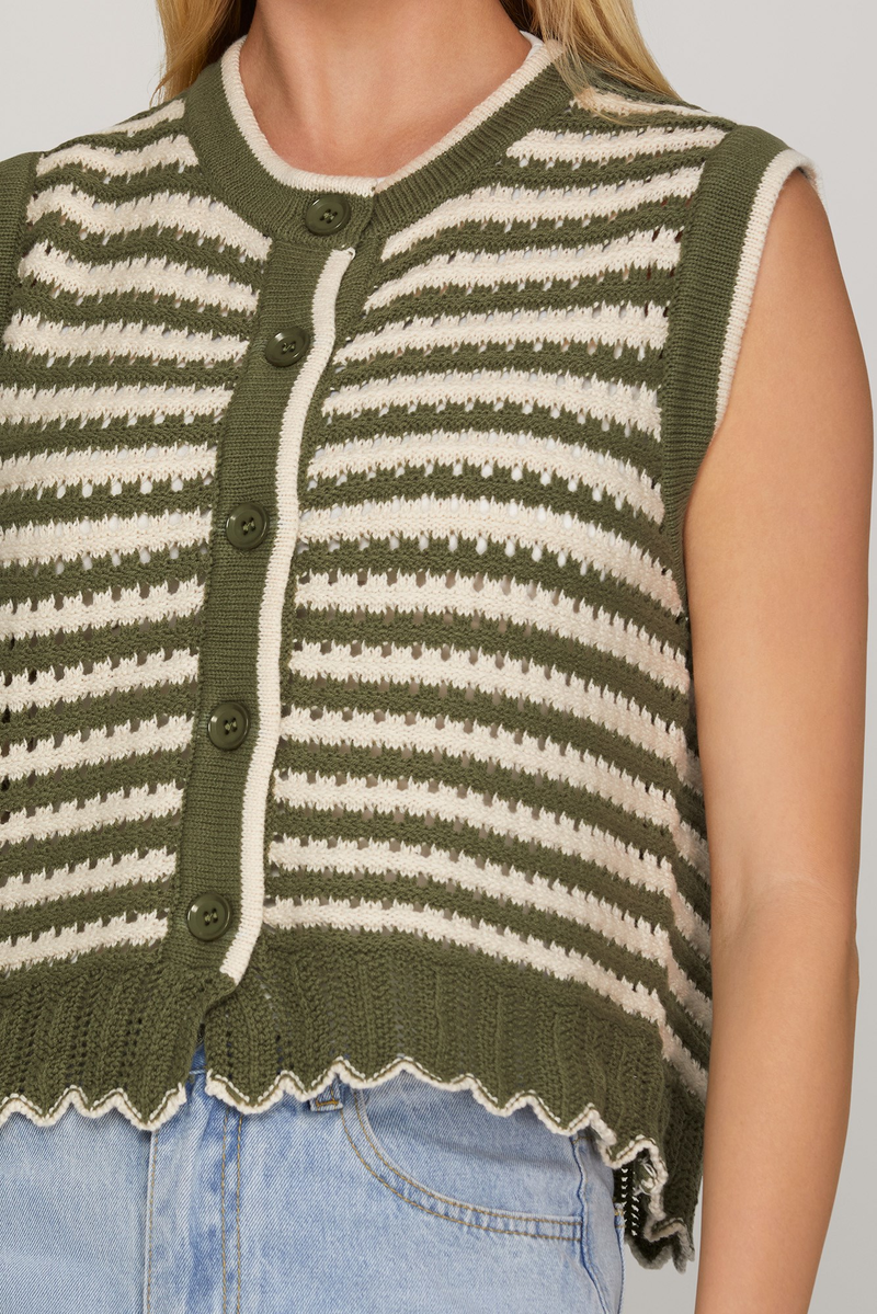 Olive Sleeveless Front Button Closure Striped Knit Vest