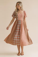 Pink Plaid Cap Sleeve Patchwork Dress