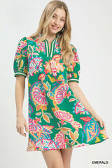Emerald Paisley Print Banded Sleeve Dress