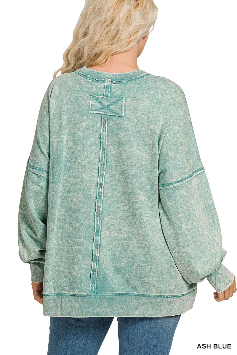 Curvy Acid Wash French Terry Pocket Pullover