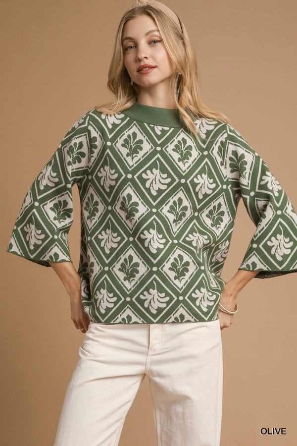 Olive Patterned Mock Neck Sweater