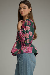 Green Floral V Neck Button front Top
