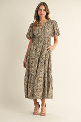 Leopard Print V-Neck Maxi Dress With Sleeves
