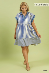 Curvy Blue Striped Scallop Trim Collar Dress