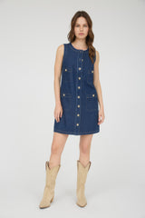 Gold Button Down Sleeveless Denim Mini Dress
