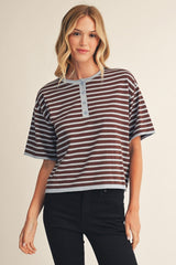 Striped Short Sleeve Front Button Sweater