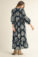 Navy Floral Boho Midi Dress