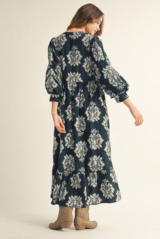 Navy Floral Boho Midi Dress