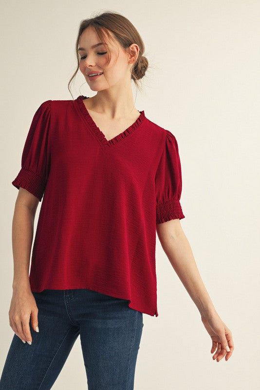 Burgundy Puffed Short Sleeve Top