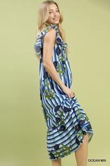 Blue Floral Striped Midi Dress