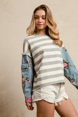 Ivory and Gray Striped Top with Denim Floral Printed Sleeves
