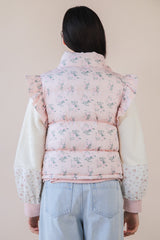 Pink Floral Puffer Vest With Ruffle Shoulder