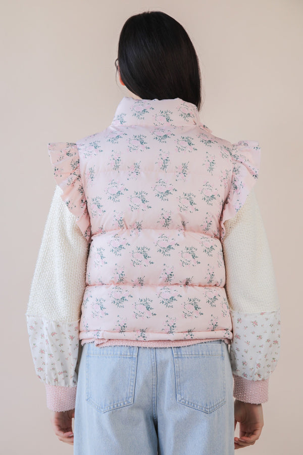 Pink Floral Puffer Vest With Ruffle Shoulder
