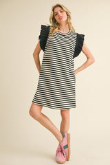 Black and White Stripe Dress with Black Ruffle Shoulder