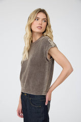Dark Brown Faux Back Button Detail Short Sleeve Sweater