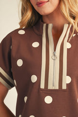 Brown Front Zip Polka Dot Band Accent Top