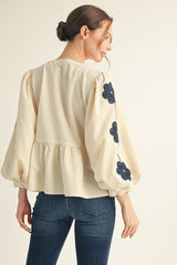 Cream Front Bow Tie Embroidered Peplum Top